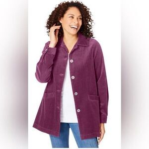 Woman Within Shacket Women's 1X Pockets Long Sleeve Button Up Corduroy Purple